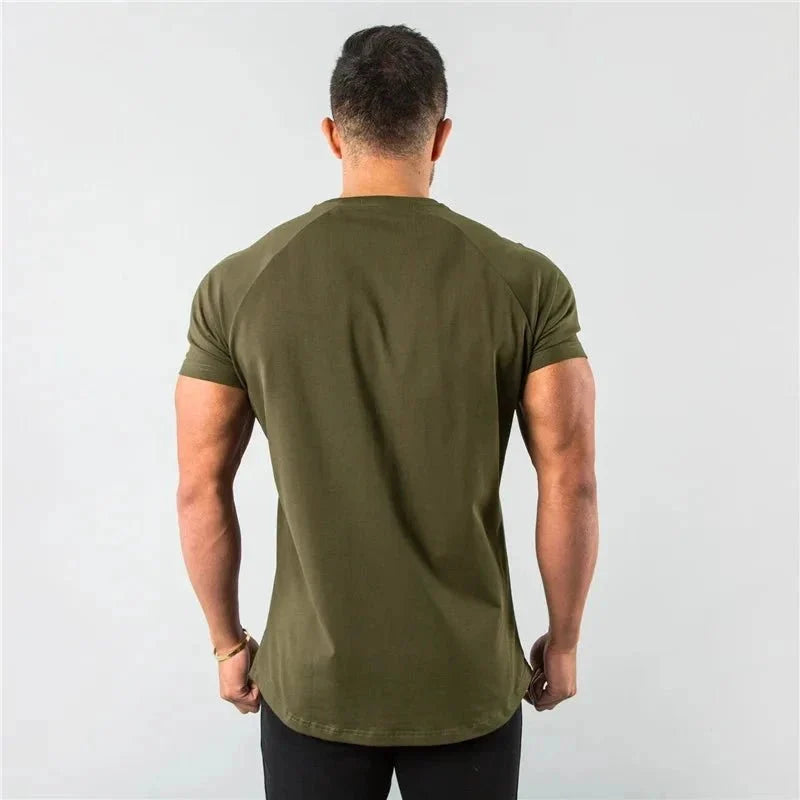 Mandotos men's casual short sleeve T-shirt featuring muscle fit design, ideal for gym, streetwear, and summer fitness activities.