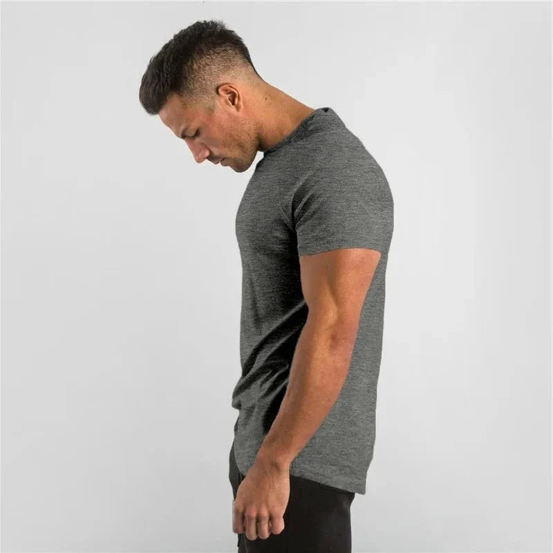 Mandotos men's casual short sleeve T-shirt featuring a slim fit design, ideal for gym, fitness, and streetwear styles.