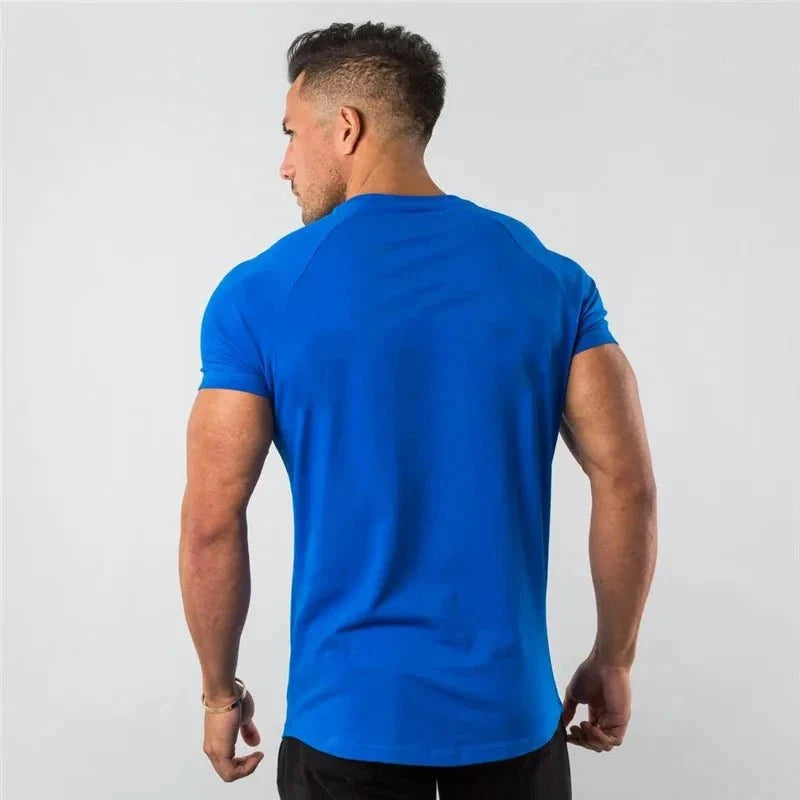 Mandotos men's casual short sleeve T-shirt featuring a slim fit, muscle fit design, ideal for gym, fitness, and streetwear.