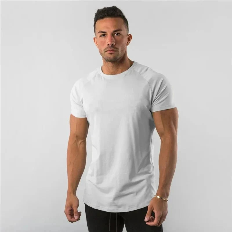 Mandotos men's casual short sleeve T-shirt with slim fit design, ideal for gym, fitness, and streetwear, featuring muscle fit style.