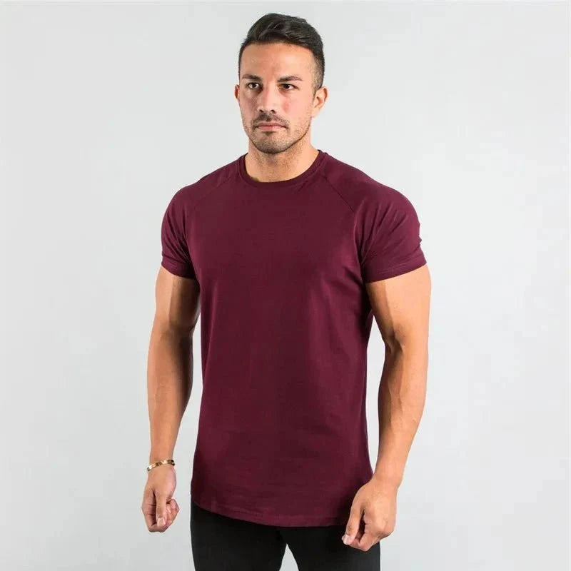 Mandotos men's casual short sleeve T-shirt featuring a muscle-fit design, suitable for gym, fitness, and streetwear styles.