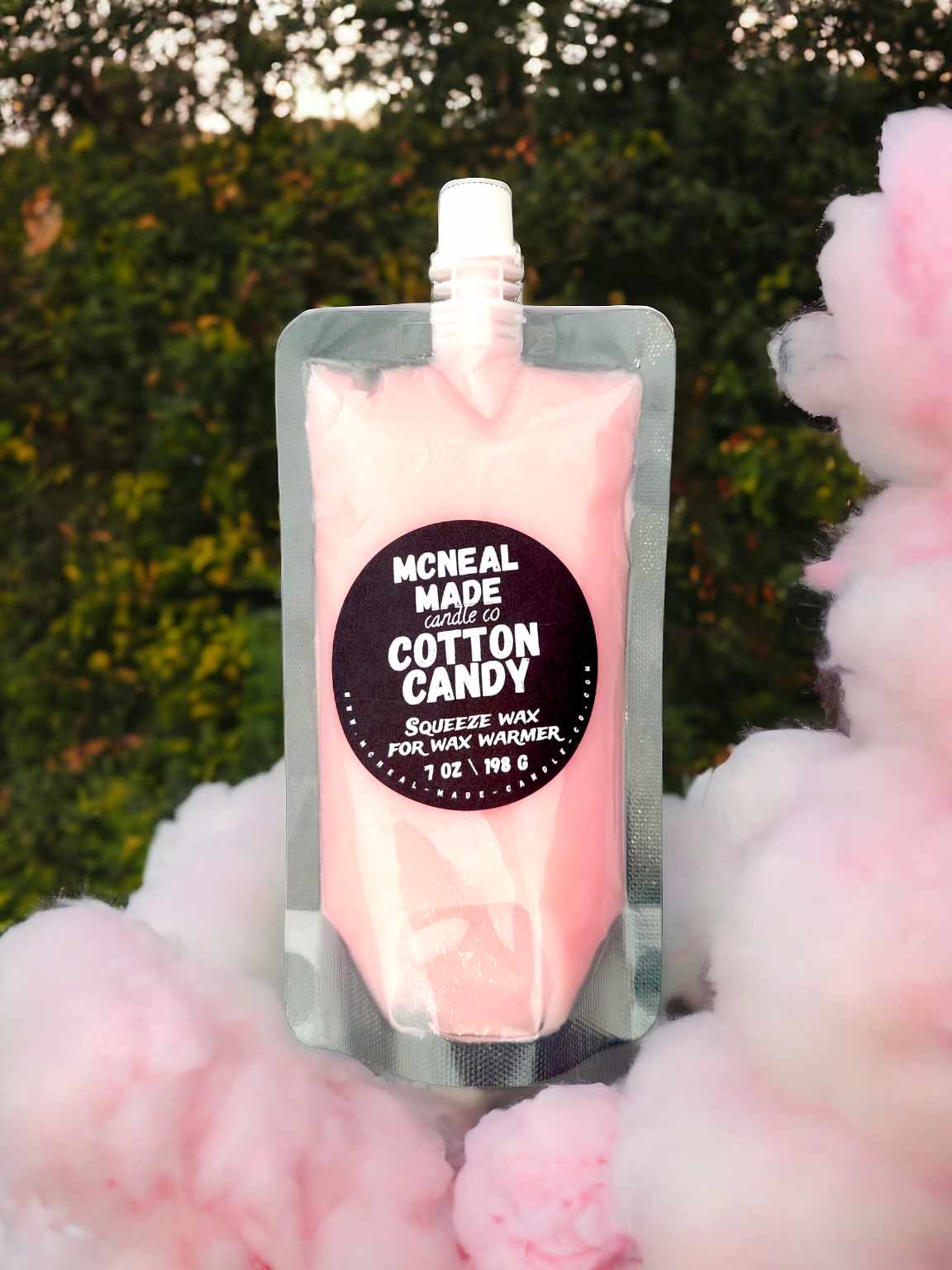 McNeal Made Candle Co squeezable wax melt pouch with birthday cake scent, showcasing the flexible pouch and vibrant product packaging.