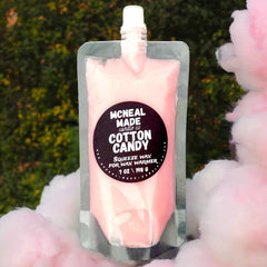 McNeal Made Candle Co squeezable wax melt pouch with birthday cake scent, showcasing the flexible pouch and vibrant product packaging.