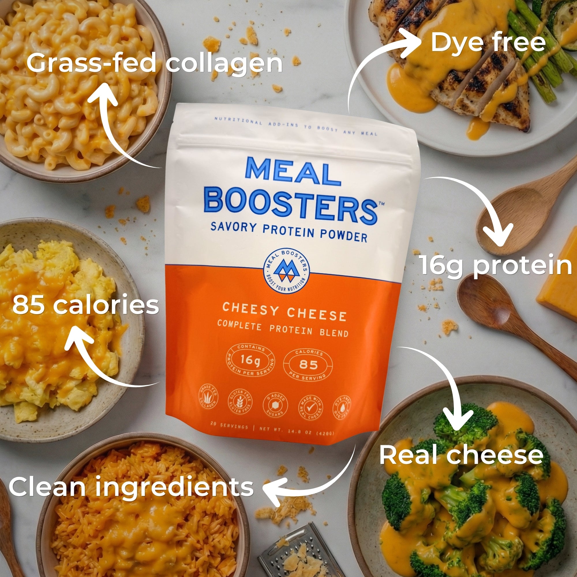 Cheesy Cheese collagen and protein blend powder from Meal Boosters in a white container with a yellow label.