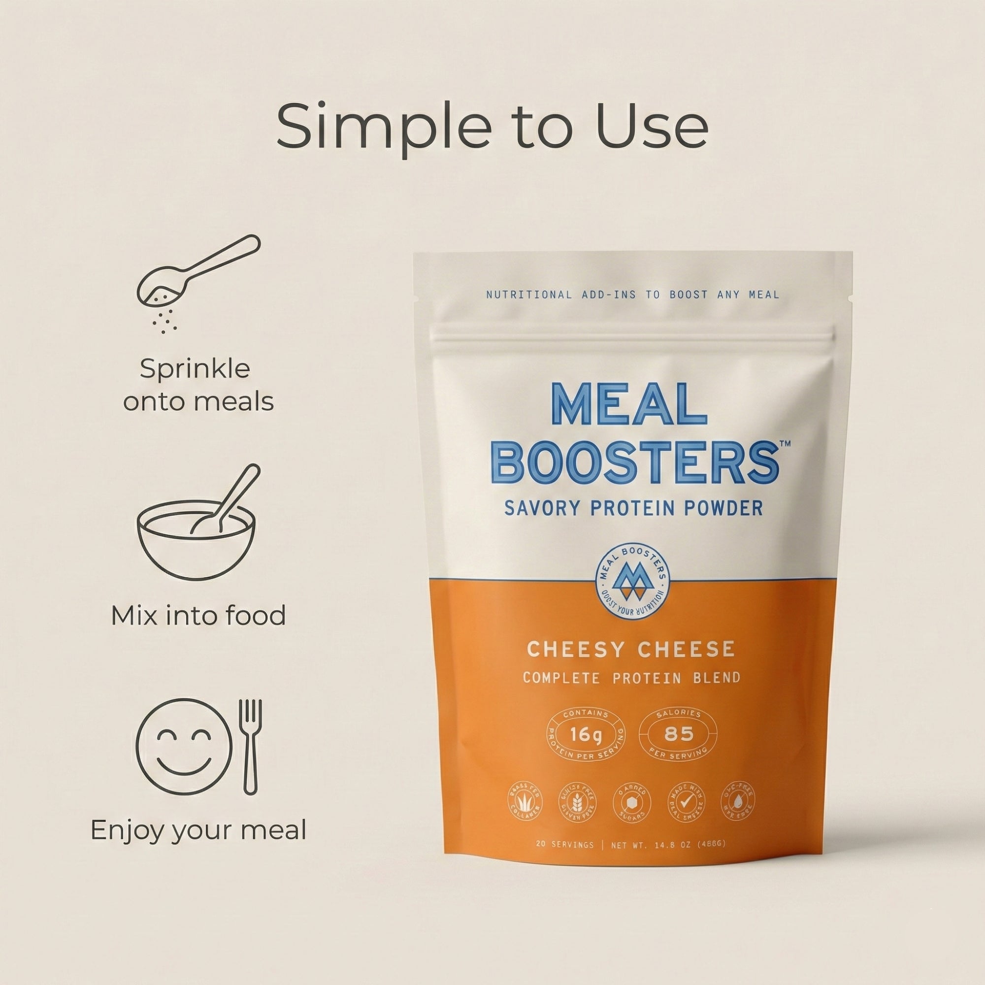 Cheesy Cheese Collagen+ Protein Blend powder by Meal Boosters, showing the protein powder container with cheese-themed label