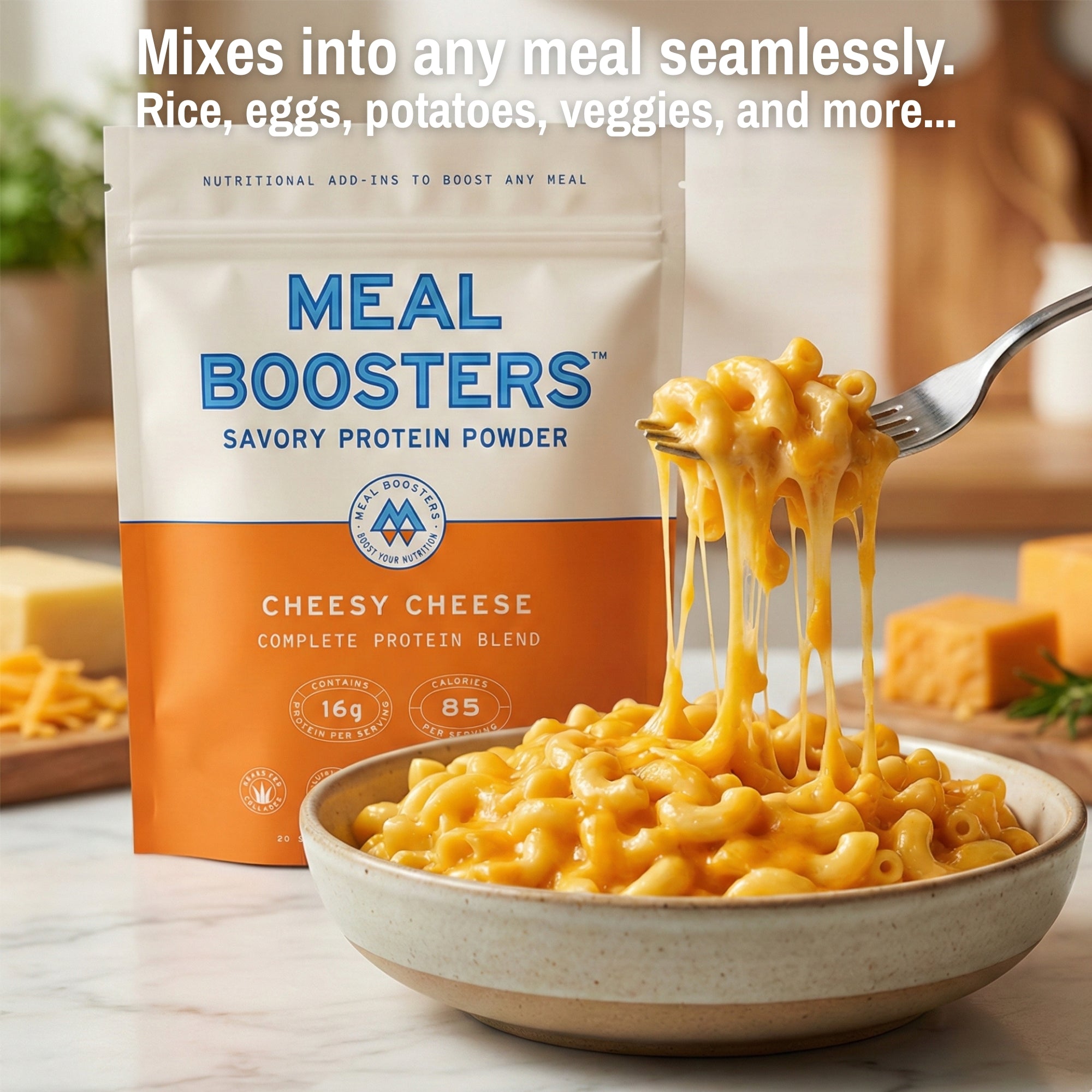 Cheesy Cheese Collagen+ Protein Blend powder by Meal Boosters, creamy cheese flavor, protein and collagen supplement.