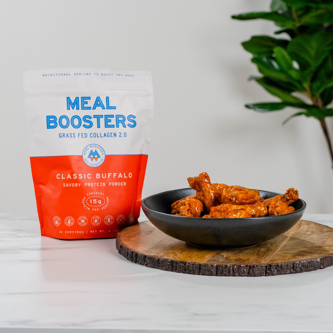Classic Buffalo Collagen+ Protein Blend powder by Meal Boosters, featuring a sleek container with the product label.