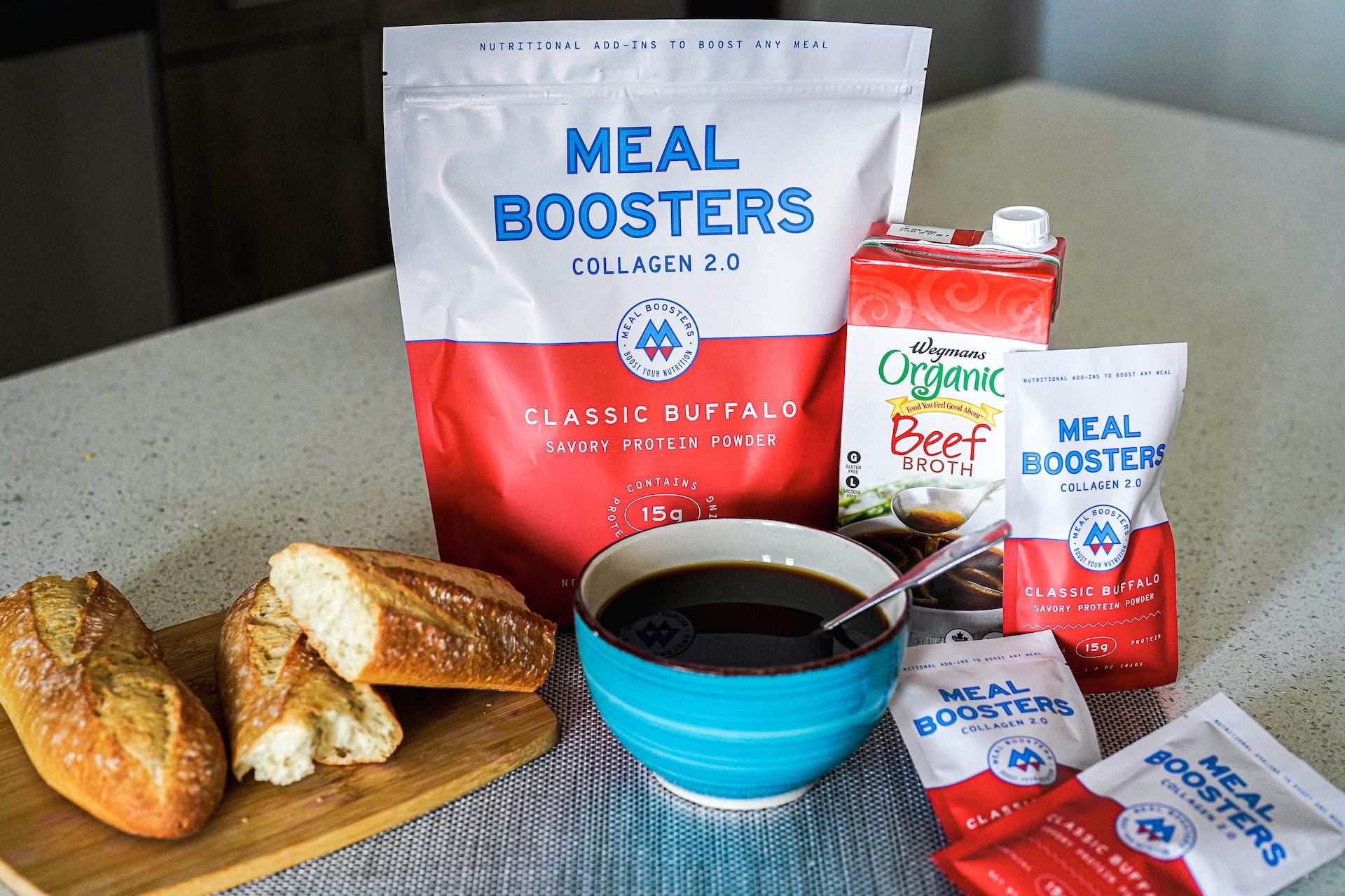 Classic Buffalo Collagen+ Protein Blend powder by Meal Boosters in a resealable container with a label on a white background.