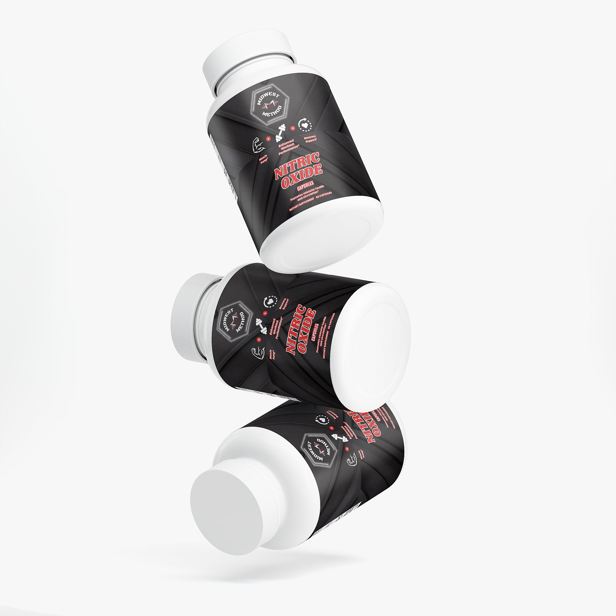 Midwest Method Nitric Oxide post-workout recovery supplement in a bottle with label featuring blue and white design.