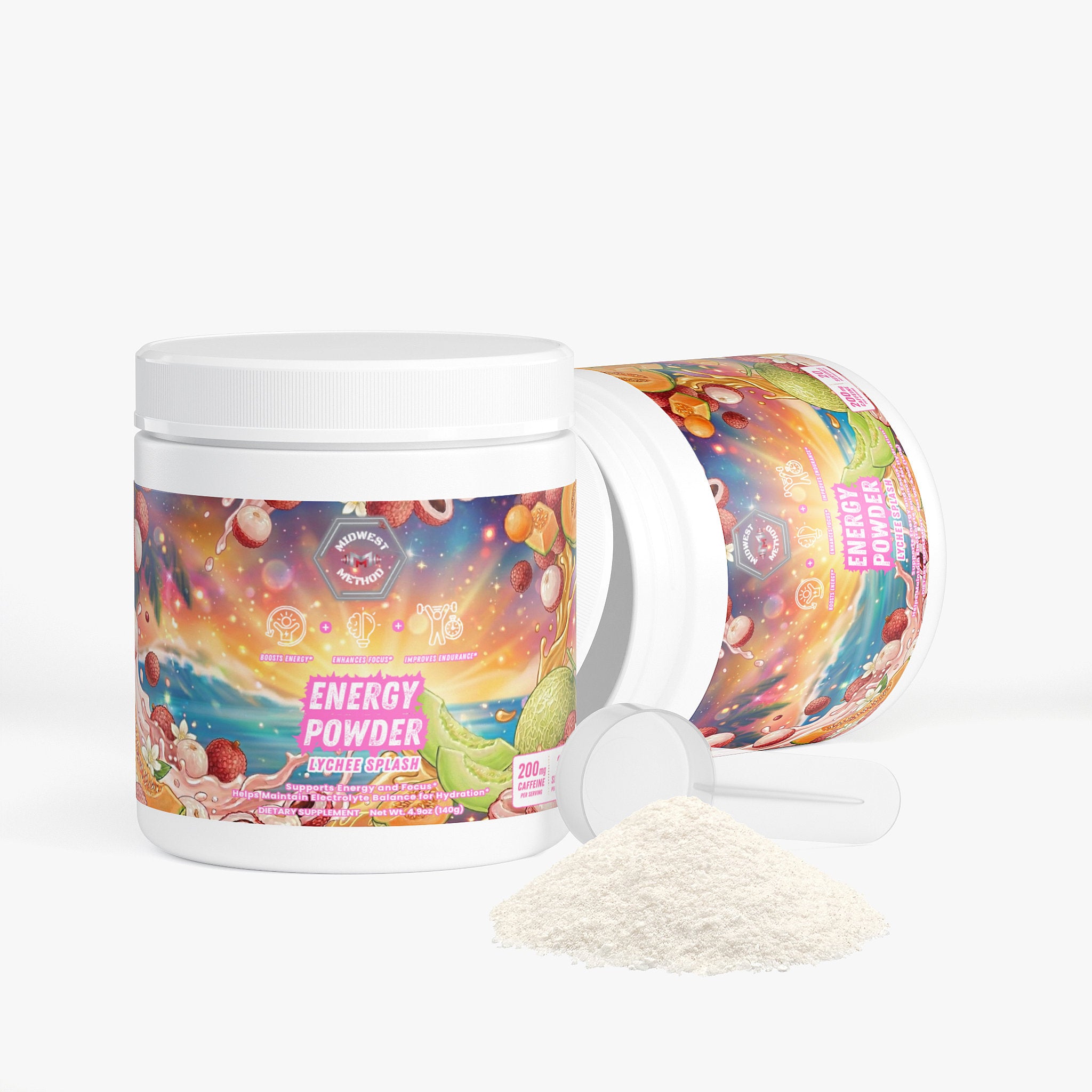 Midwest Method Energy Powder pre-workout supplement with lychee splash flavor, featuring a vibrant orange and pink powder mix.