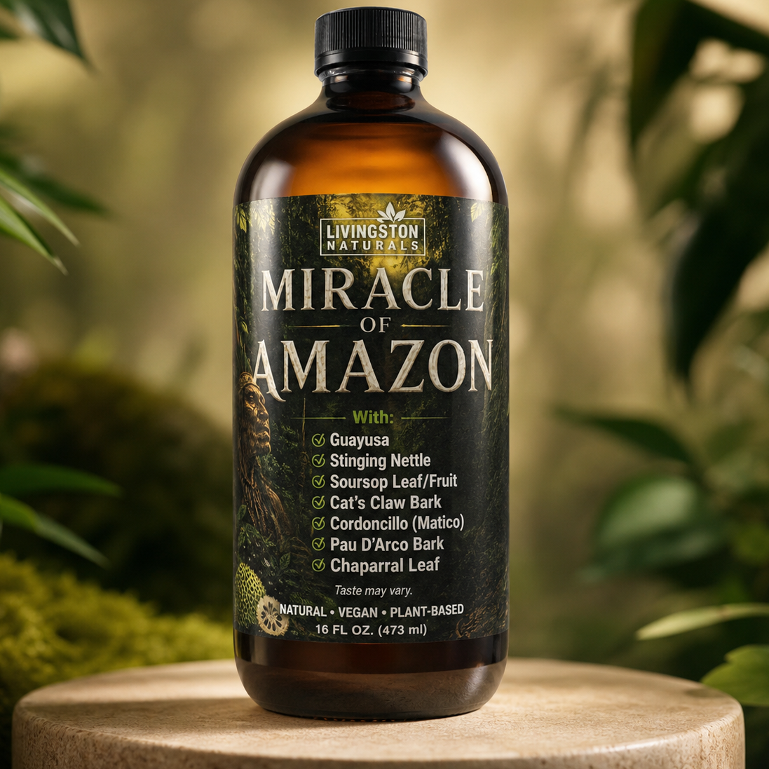 Vegan supplement from VeggieVerve featuring the Miracle of Amazon Herbal Liquid Blend in a square bottle with a colorful label.