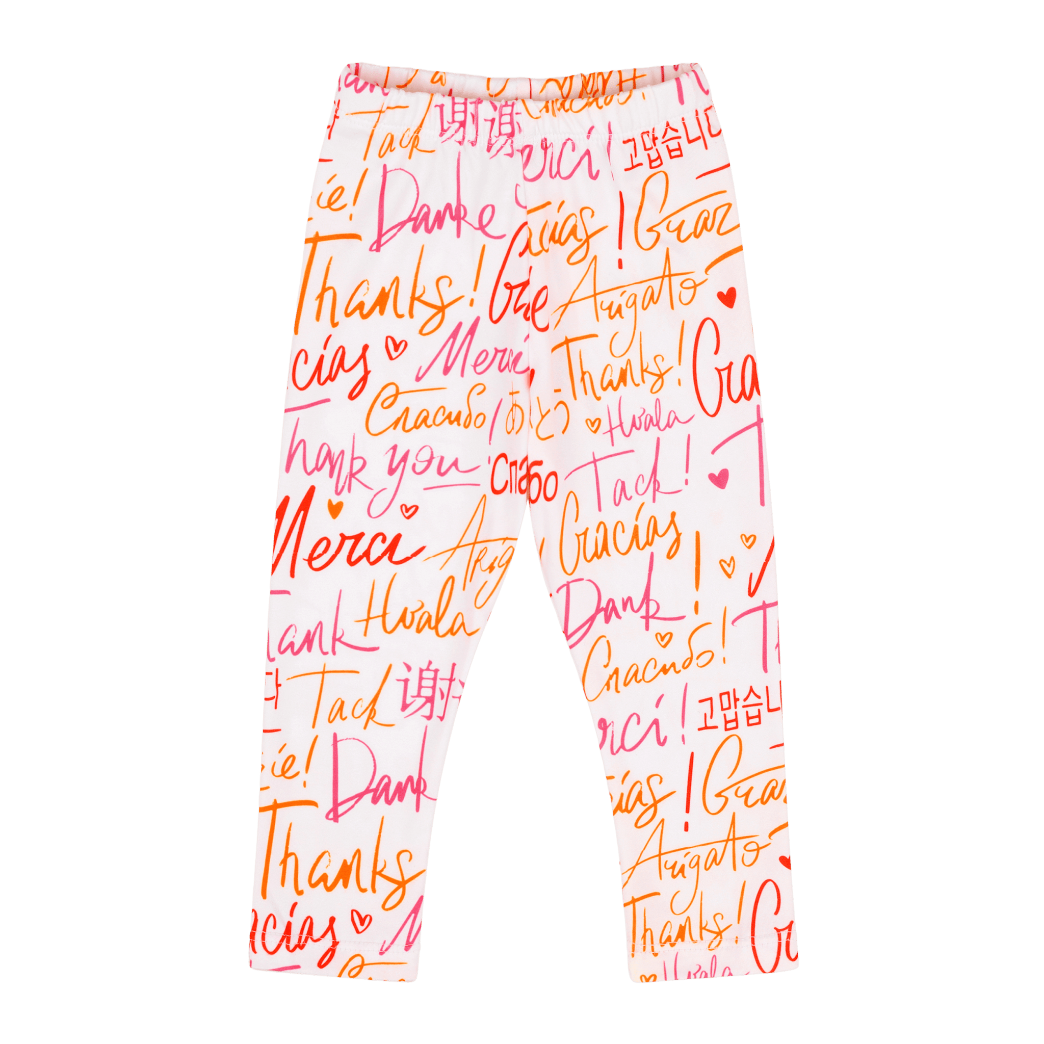 White infant girl leggings from Mixed Up Clothing with "Thank You" print, multicultural design, cozy everyday baby apparel.