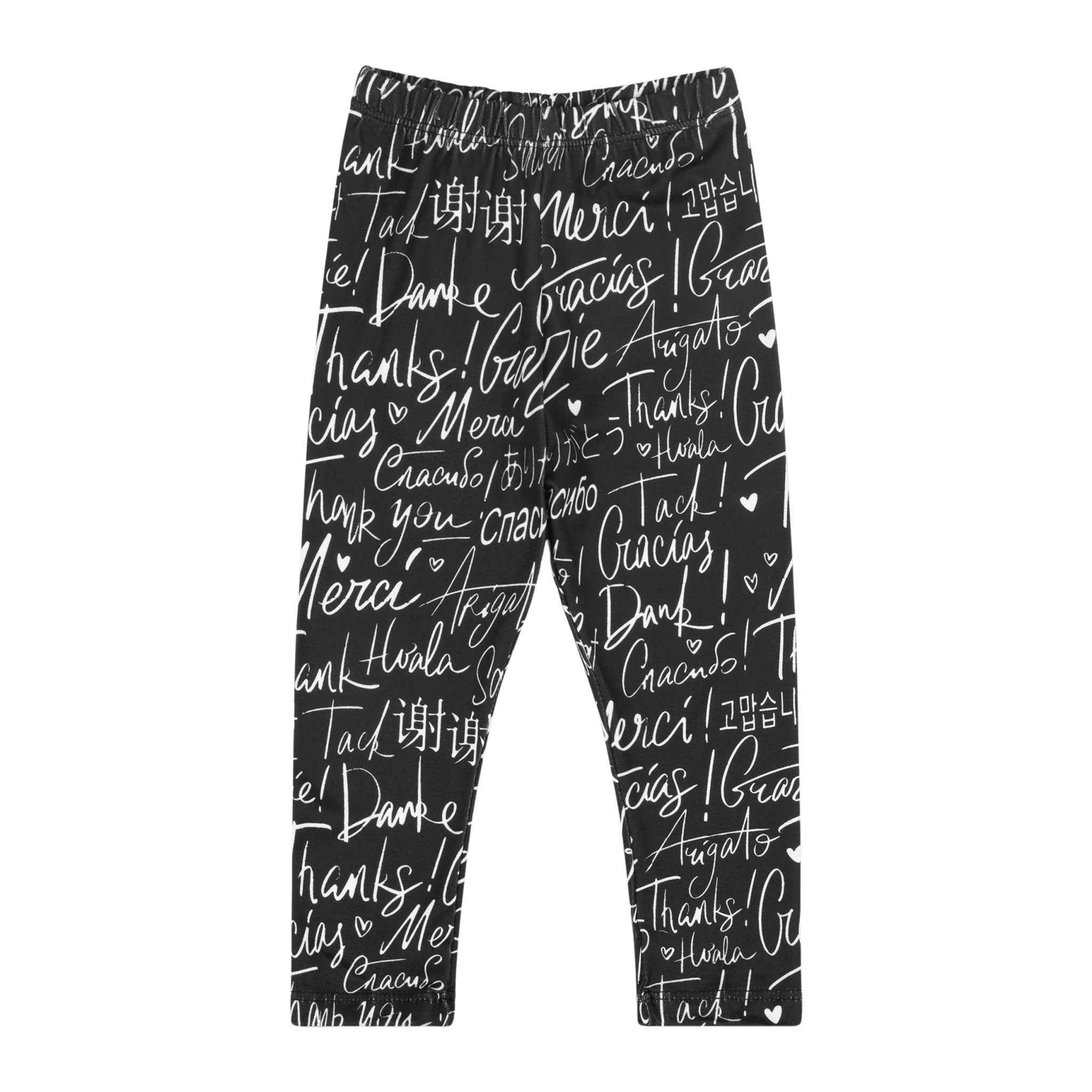 White infant girl leggings by Mixed Up Clothing featuring a "Thank You" message, cozy multicultural baby apparel for everyday wear.