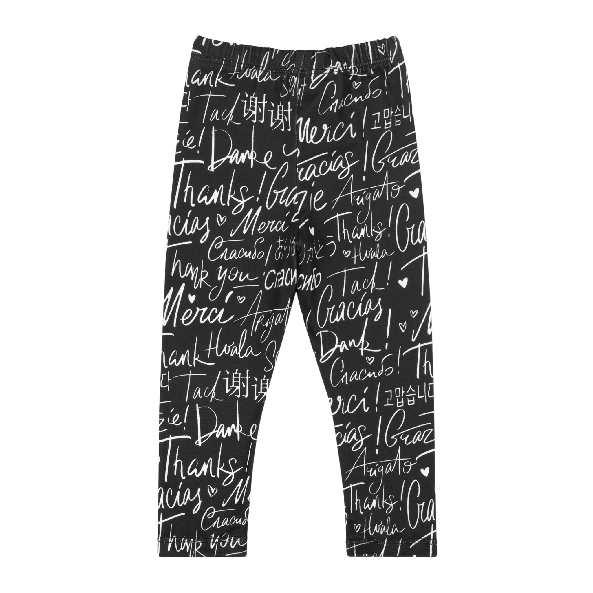 White infant girl leggings by Mixed Up Clothing featuring a thank you design, perfect for multicultural baby apparel and cozy everyday wear.