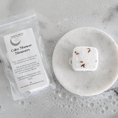 MoonFarma aromatherapy shower steamers for cold and flu relief with menthol, designed for soothing decongestion during showers.