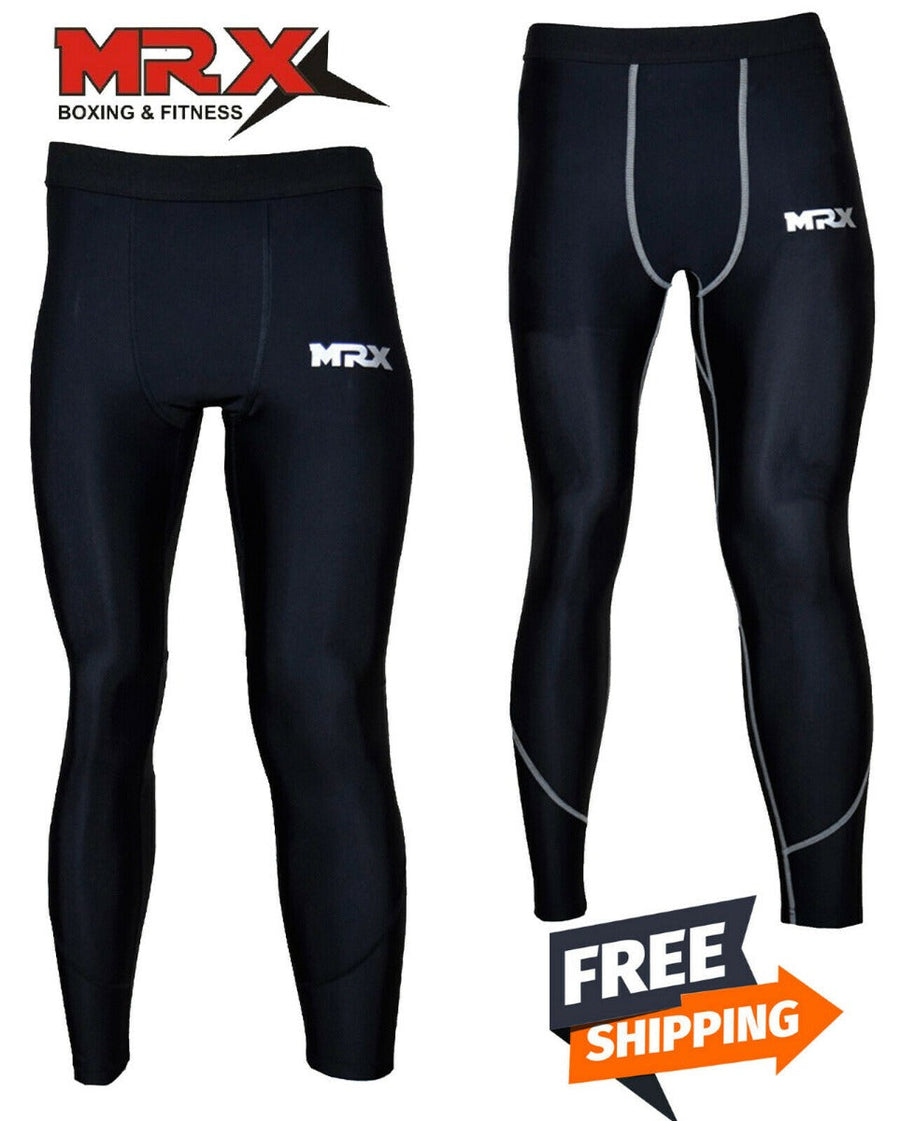MRX men's black and gray compression trouser base layer for active wear, shown on a model.