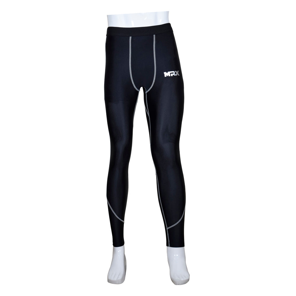 MRX men's compression trouser pant in black and gray, base layer active wear, form-fitting athletic leggings with elastic waistband.