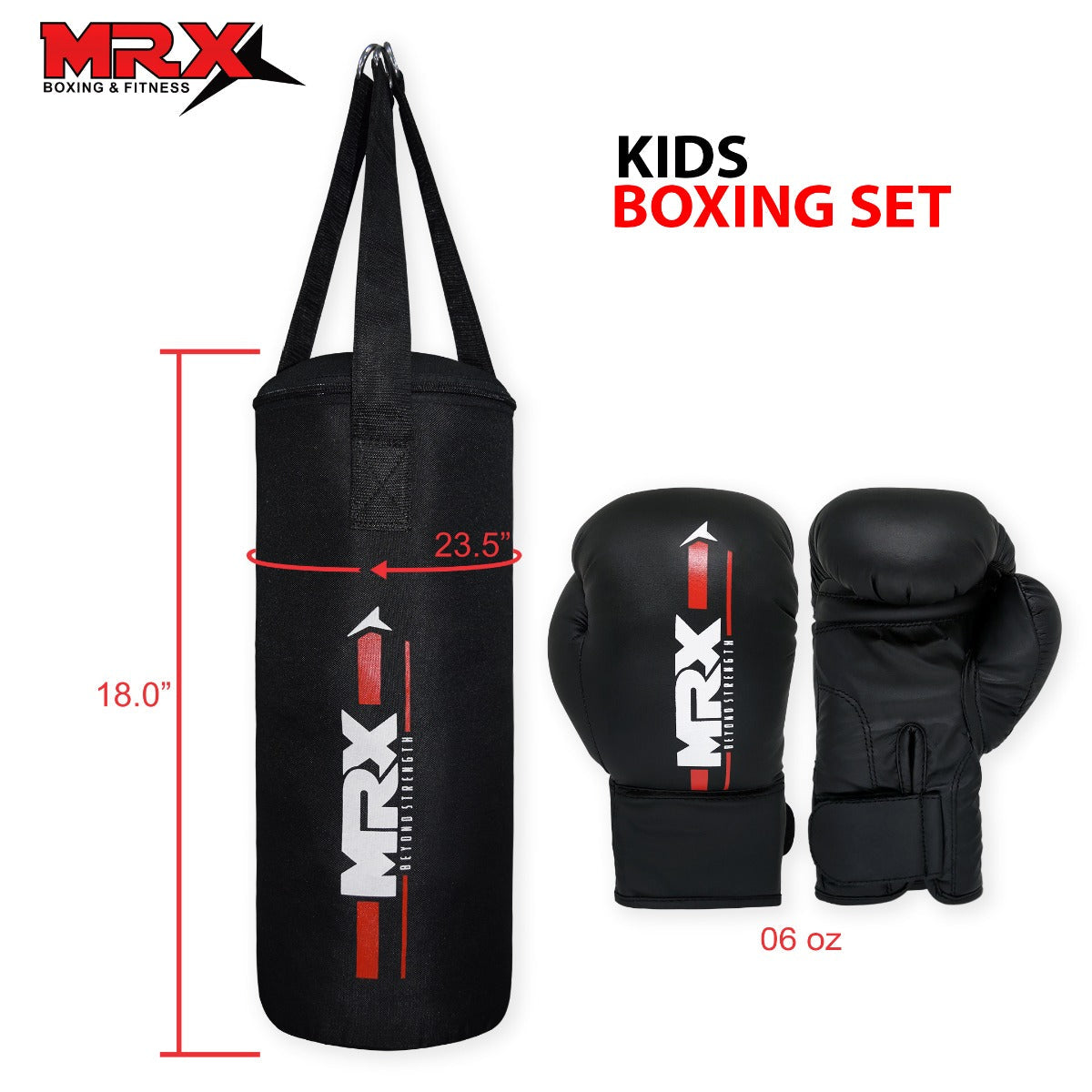 MRX Kids boxing gloves 6 oz with filled punching bag, suitable for boys and girls, designed for safe boxing practice.