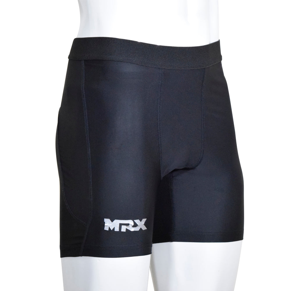 Black MRX men's compression shorts for running, gym, and fitness, designed for active wear and sports performance.