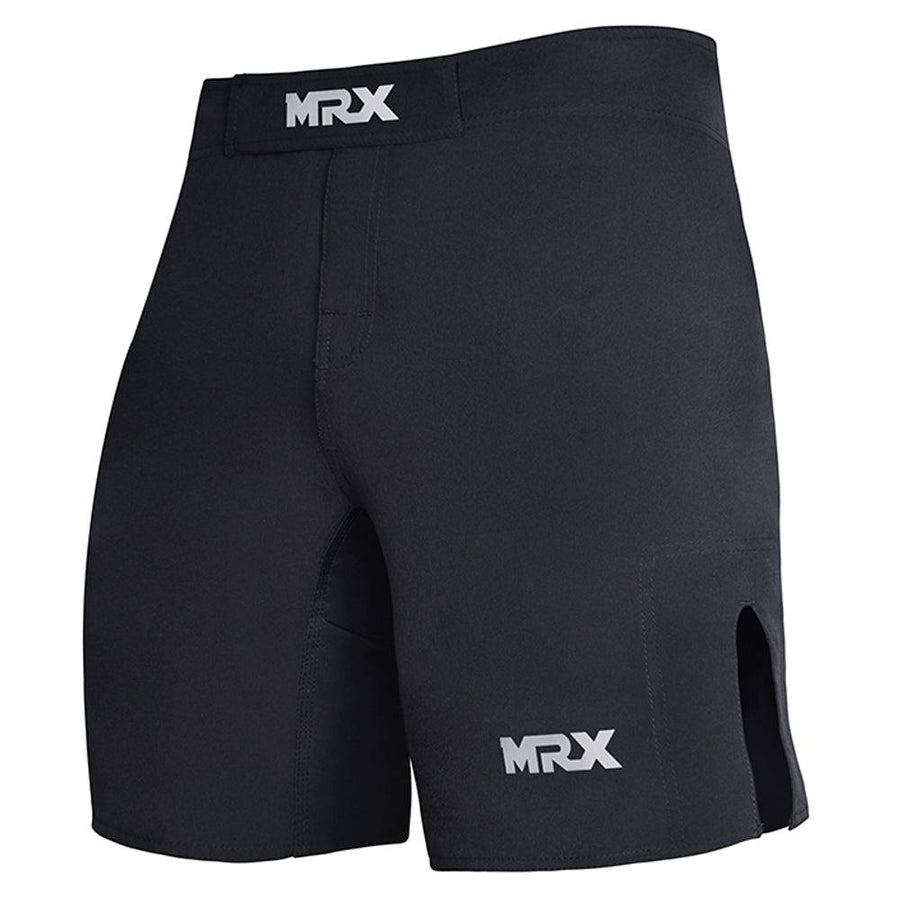 Black MRX Men’s MMA fight shorts with grappling and boxing design, ideal for BJJ, martial arts, and training.