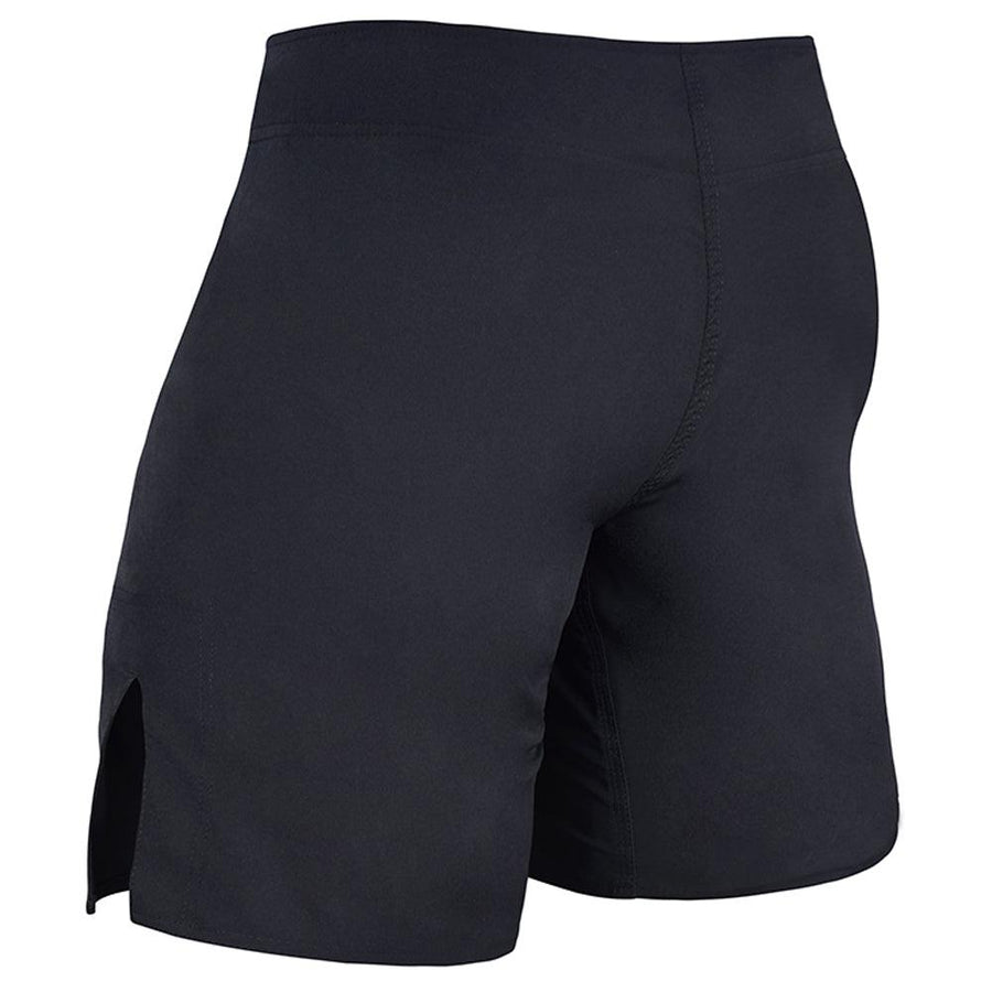 Black MRX men's MMA fight shorts with grappling and BJJ design, suitable for boxing, training, and martial arts.