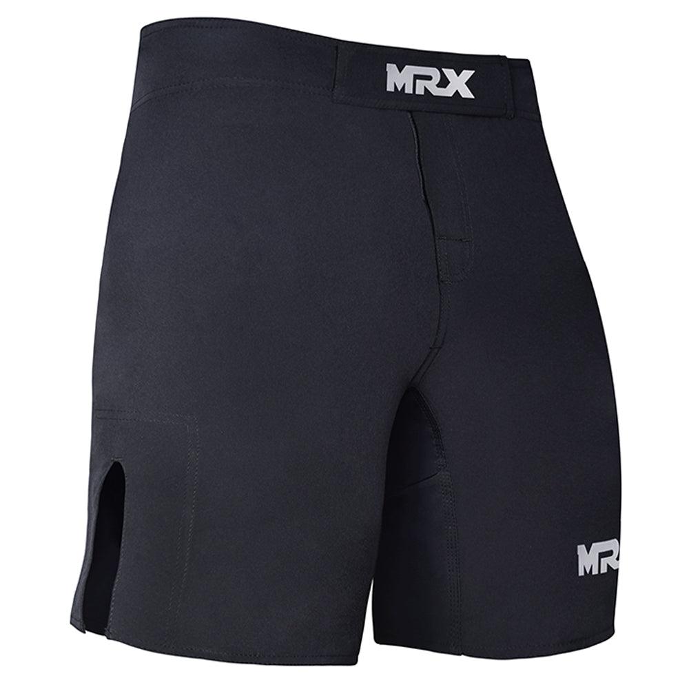 Black MRX Men’s MMA fight shorts with grappling and BJJ design, suitable for boxing, training, and martial arts.