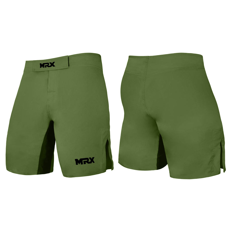 Black MRX MMA fight shorts designed for grappling, boxing, and BJJ martial arts training, featuring a durable, flexible fabric.