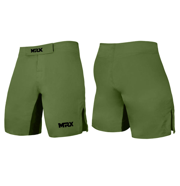 Black MRX MMA fight shorts designed for grappling, boxing, and BJJ martial arts training, featuring a durable, flexible fabric.
