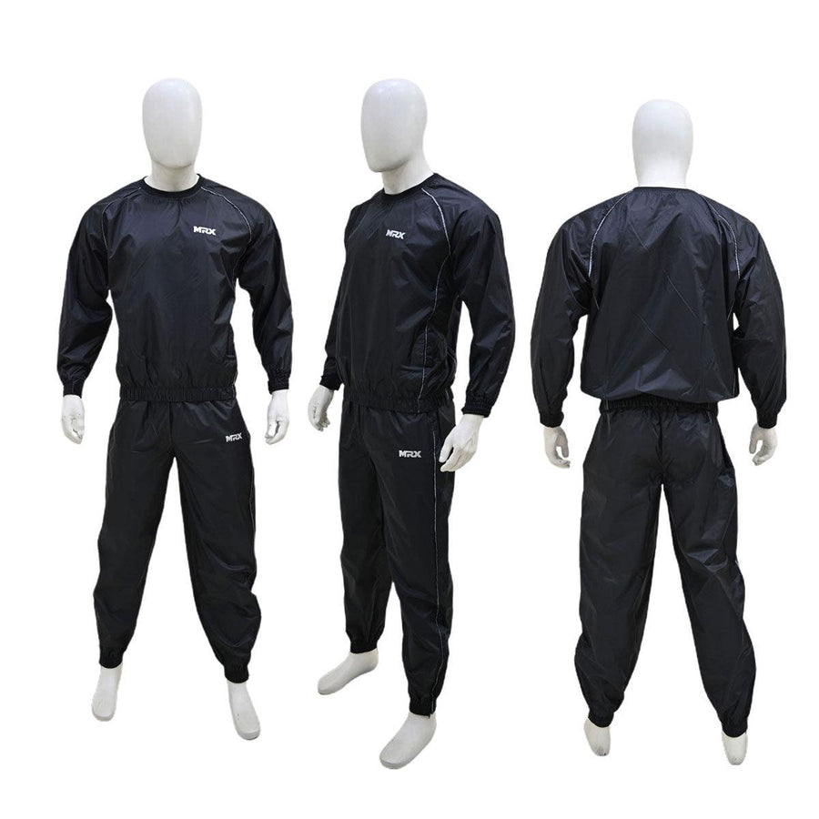 Black and gray MRX men's sauna sweat suit with hood, designed for weight loss, slimming, gym training, boxing, and MMA.