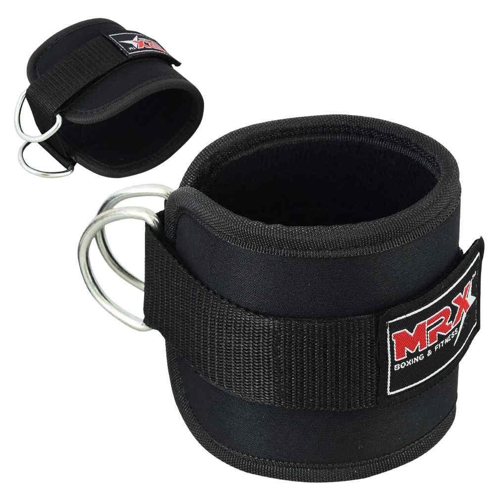 Black MRX weight lifting ankle straps for gym training, designed for men and women to support ankle stability during workouts.