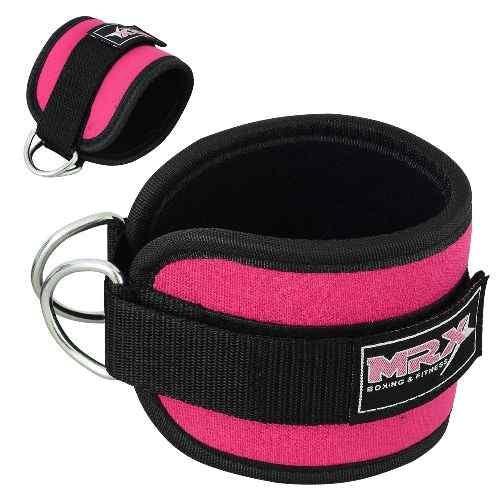 Black MRX weight lifting ankle straps for men and women, secured around ankles during gym training and strength exercises.