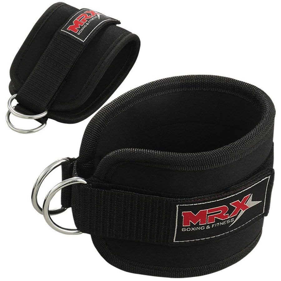 Black MRX weight lifting ankle straps designed for gym training, suitable for men and women to support ankle stability during workouts.