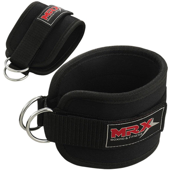 Black MRX weight lifting ankle straps designed for gym training, suitable for men and women to support ankle stability during workouts.