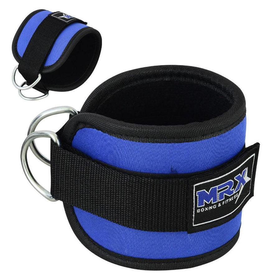 Black MRX weight lifting ankle straps for gym training, designed for men and women to support ankle stability during workouts.