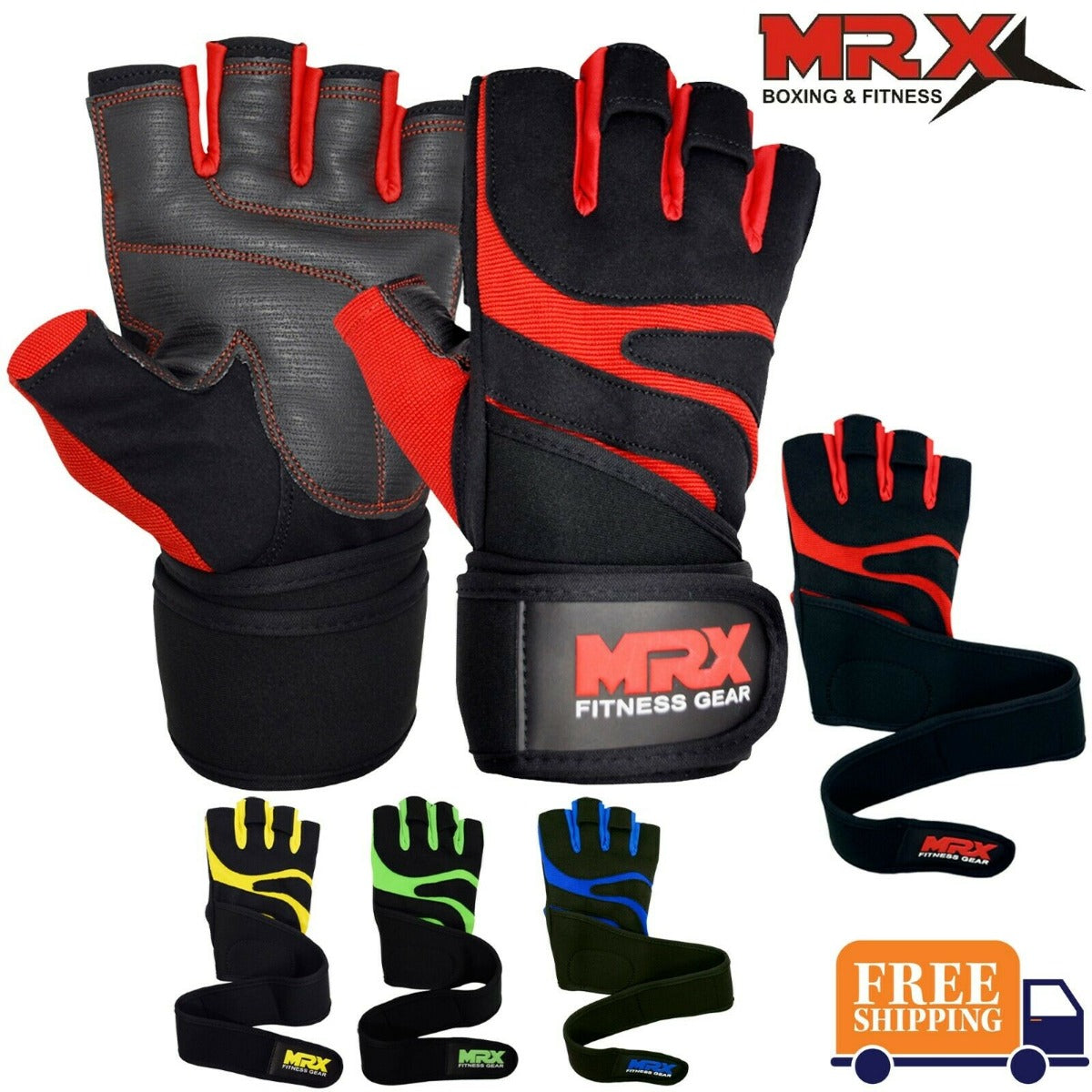 Red MRX Weight Lifting Gloves for gym workout, training, and bodybuilding with wrist strap support.