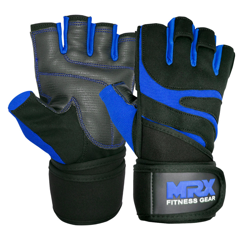 Red MRX weight lifting gloves with wrist straps, designed for gym workouts and bodybuilding training.