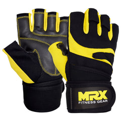 Red MRX weight lifting gloves with wrist straps, designed for gym workout and bodybuilding training.