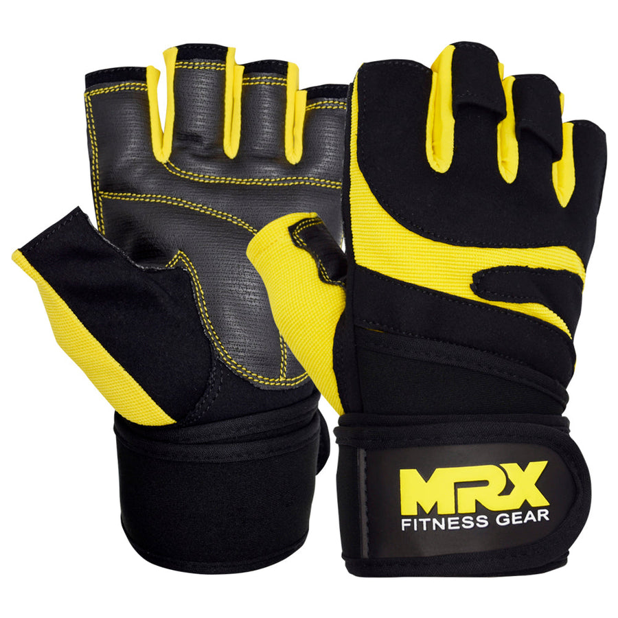 Red MRX weight lifting gloves with wrist straps, designed for gym workout and bodybuilding training.