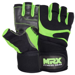 Red MRX weight lifting gloves with wrist straps, designed for gym workouts and bodybuilding training.