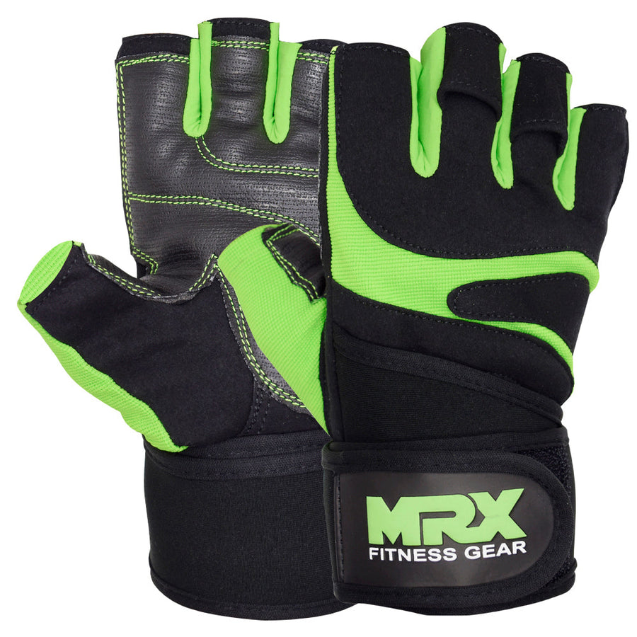 Red MRX weight lifting gloves with wrist straps, designed for gym workouts and bodybuilding training.