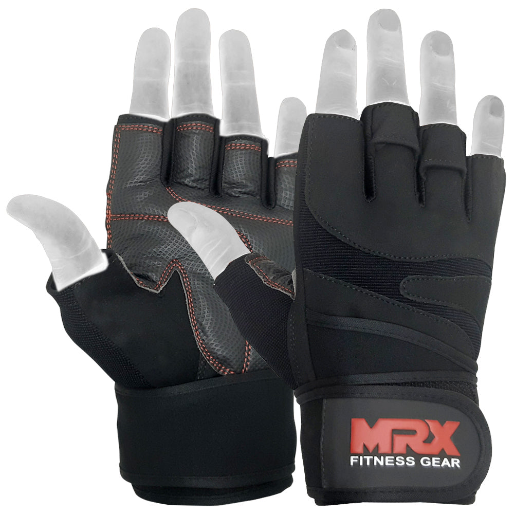 Red MRX weight lifting gloves with wrist straps, designed for gym workouts and bodybuilding training.