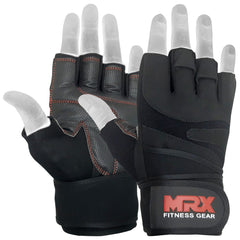 Red MRX weight lifting gloves with wrist straps, designed for gym workouts and bodybuilding training.