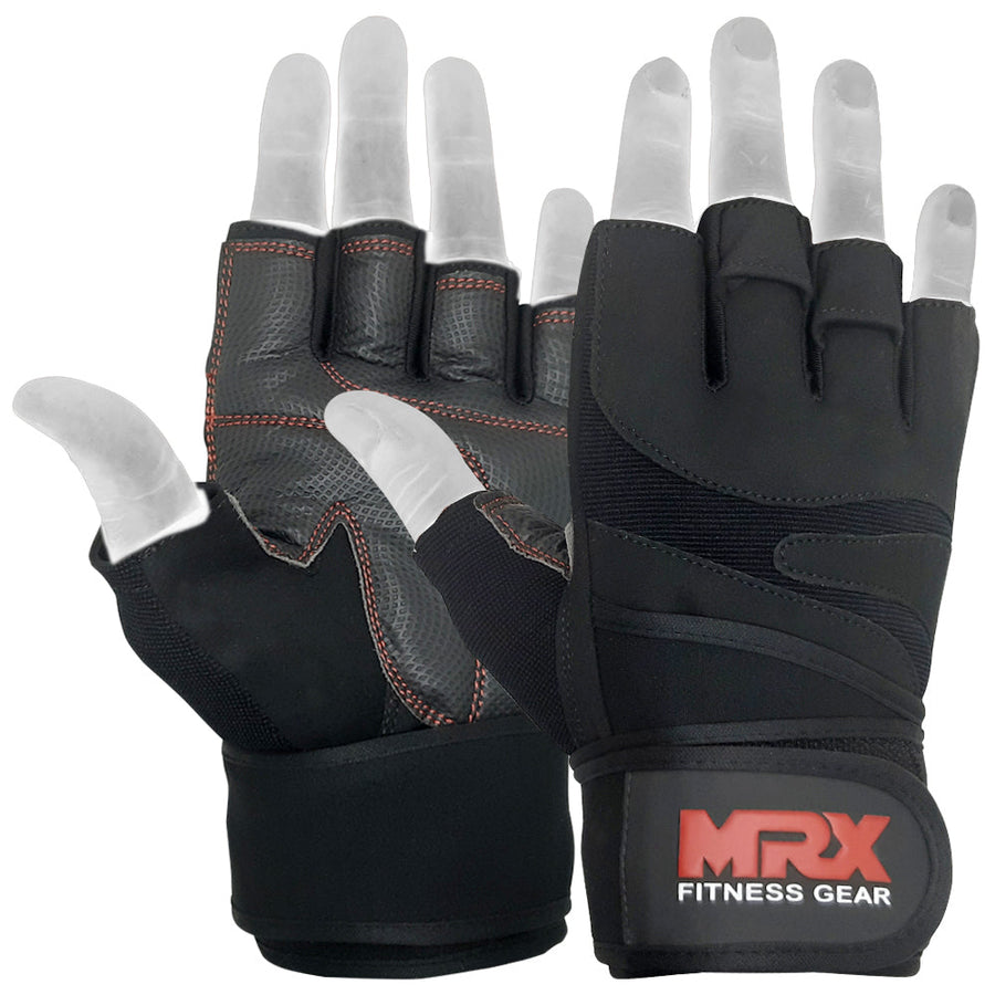 Red MRX weight lifting gloves with wrist straps, designed for gym workouts and bodybuilding training.