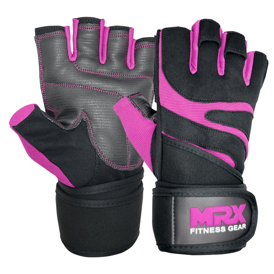 Red MRX weight lifting gloves with wrist straps, designed for gym workouts and bodybuilding training.