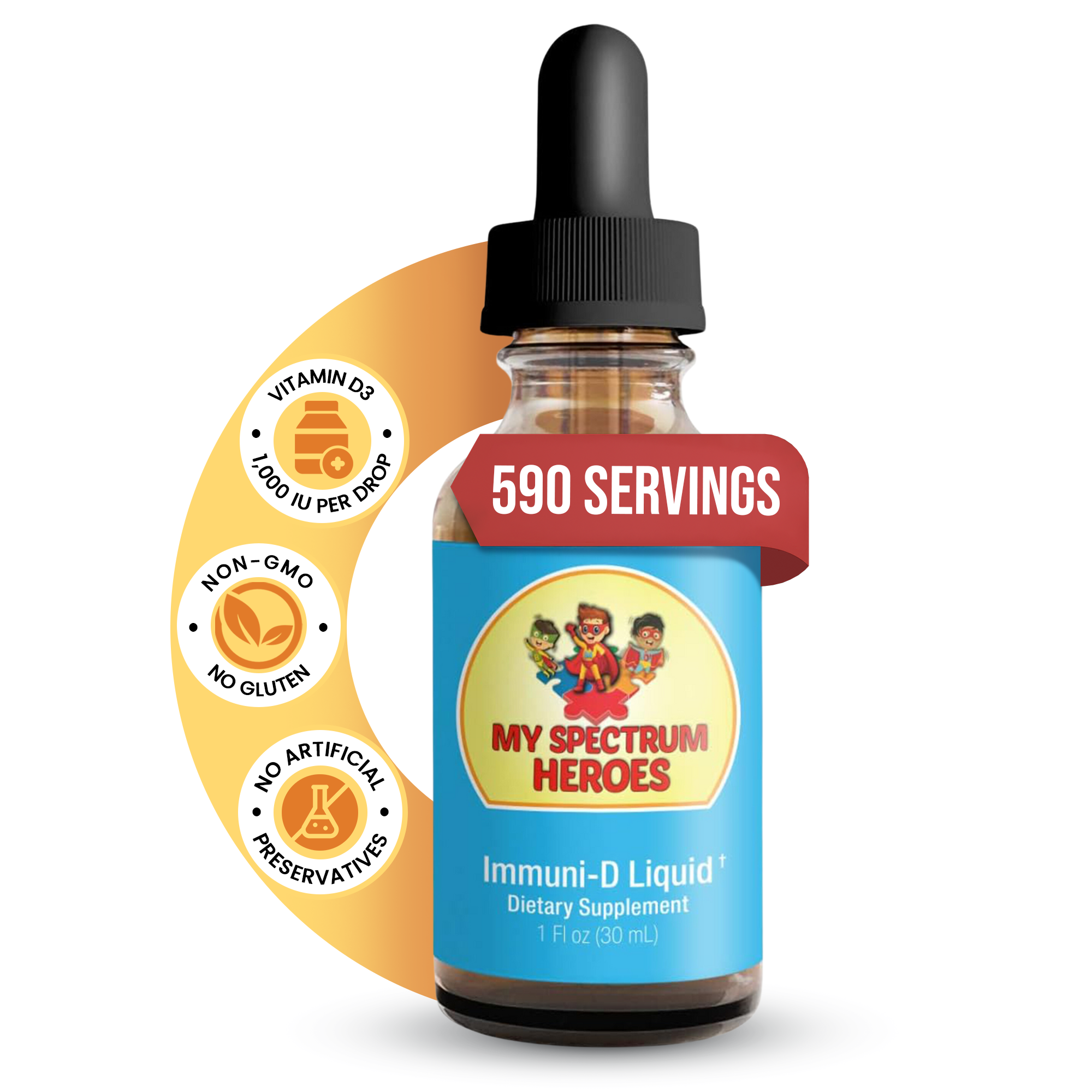 Bottle of Immuni-D Liquid vitamin D supplement by My Spectrum Heroes, designed for daily wellness and immune support.
