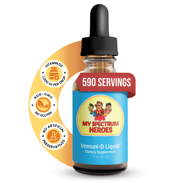 Bottle of Immuni-D Liquid vitamin D supplement by My Spectrum Heroes, designed for daily wellness and immune support.