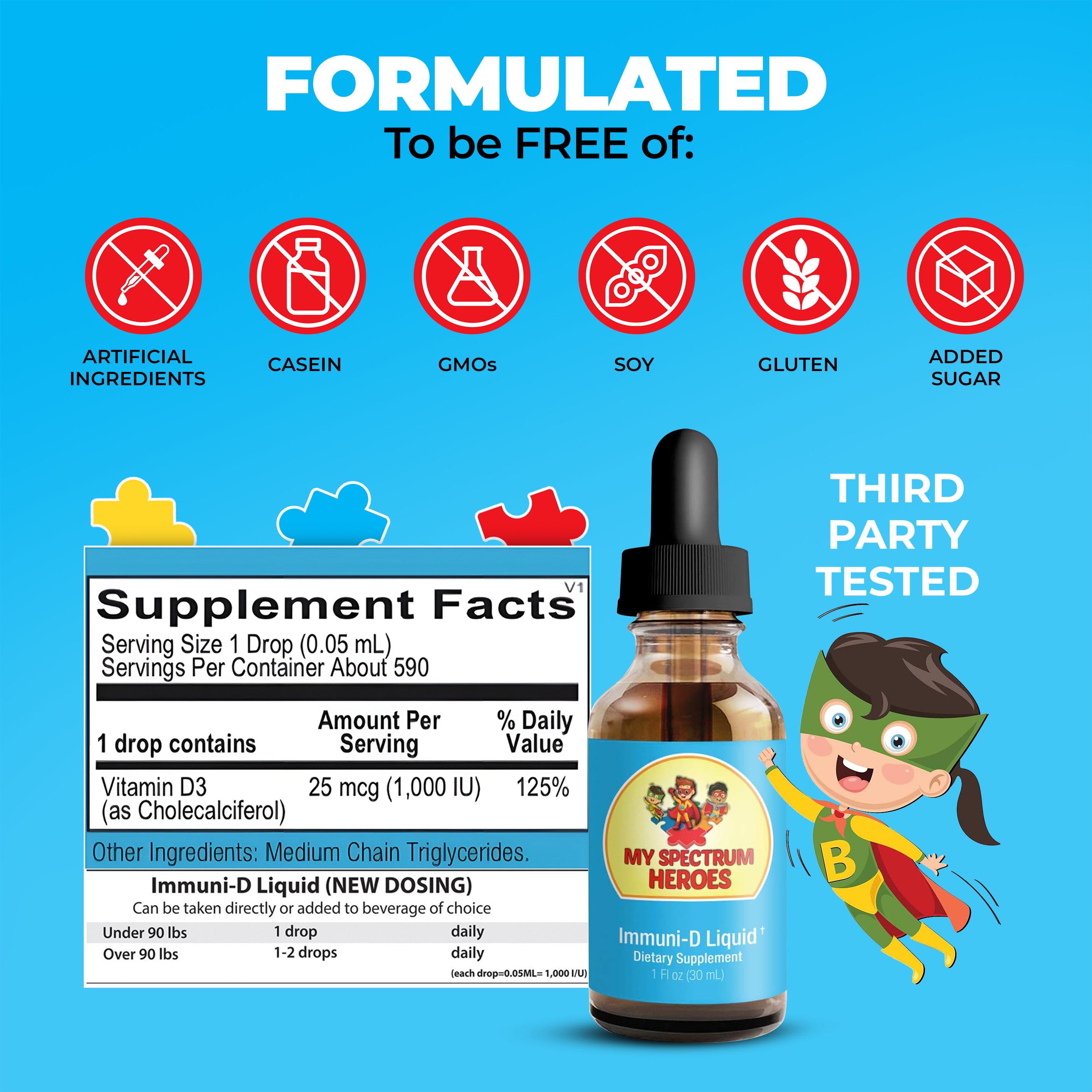 My Spectrum Heroes Immuni-D Liquid vitamin D supplement bottle for daily wellness, with a clear label and dropper cap.