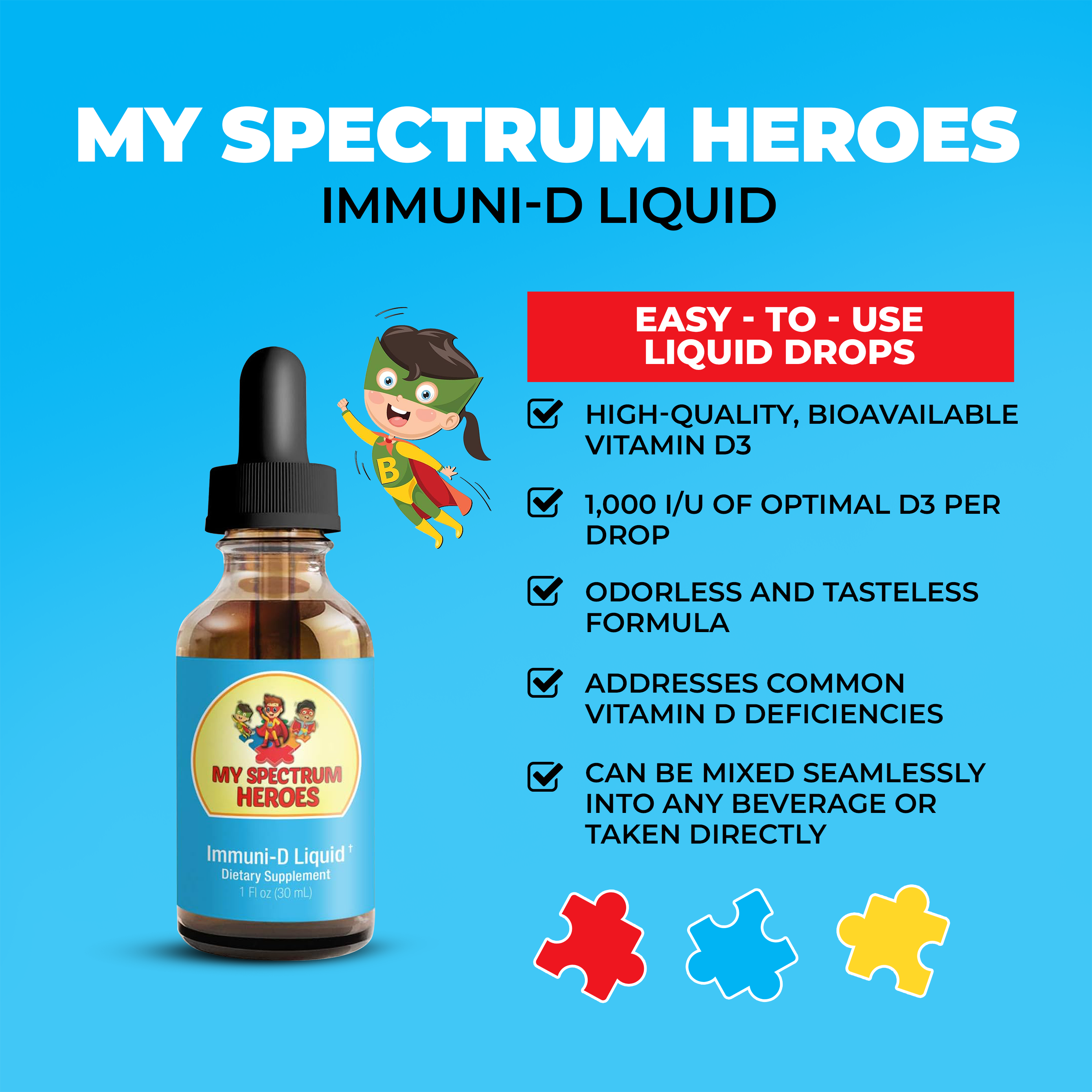My Spectrum Heroes Immuni-D Liquid vitamin D supplement bottle for daily wellness, featuring the product label and packaging.