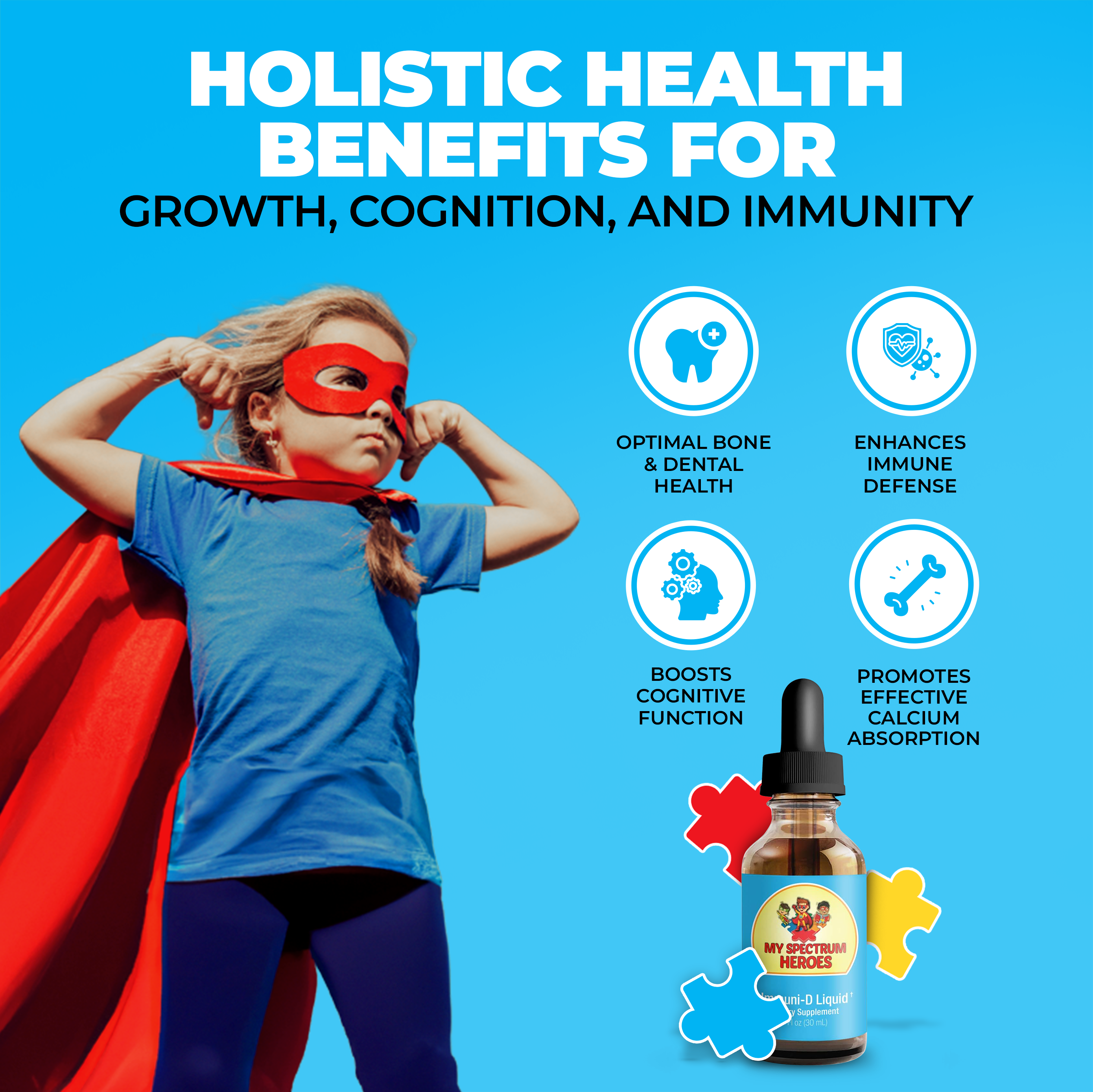 My Spectrum Heroes Immuni-D Liquid vitamin D supplement bottle with dropper for daily wellness.