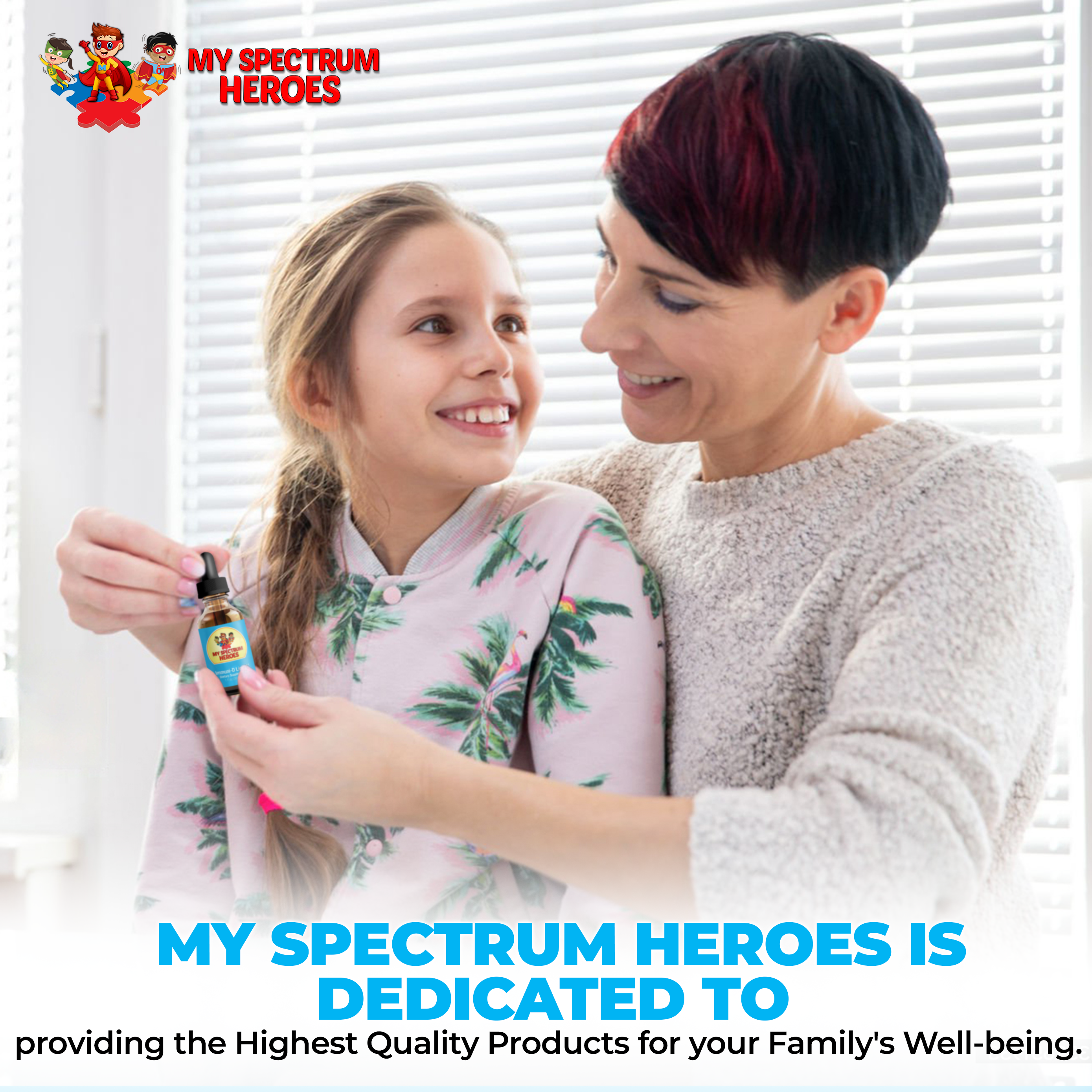 My Spectrum Heroes Immuni-D Liquid vitamin D supplement bottle with dropper for daily wellness and immune support.
